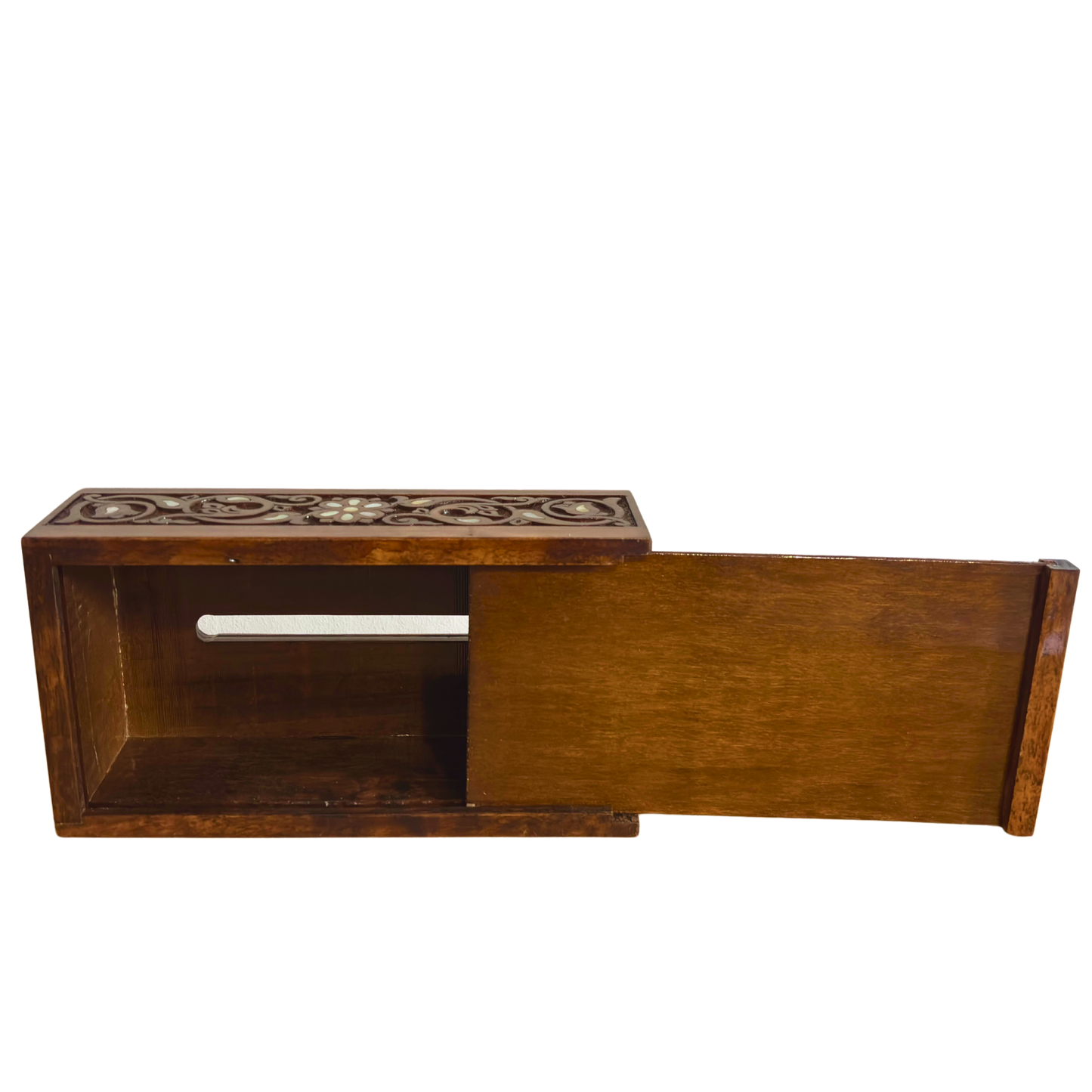 Hand-Carved Beechwood Tissue Box with Mother of Pearl Inlay – Walnut Finish Elegance