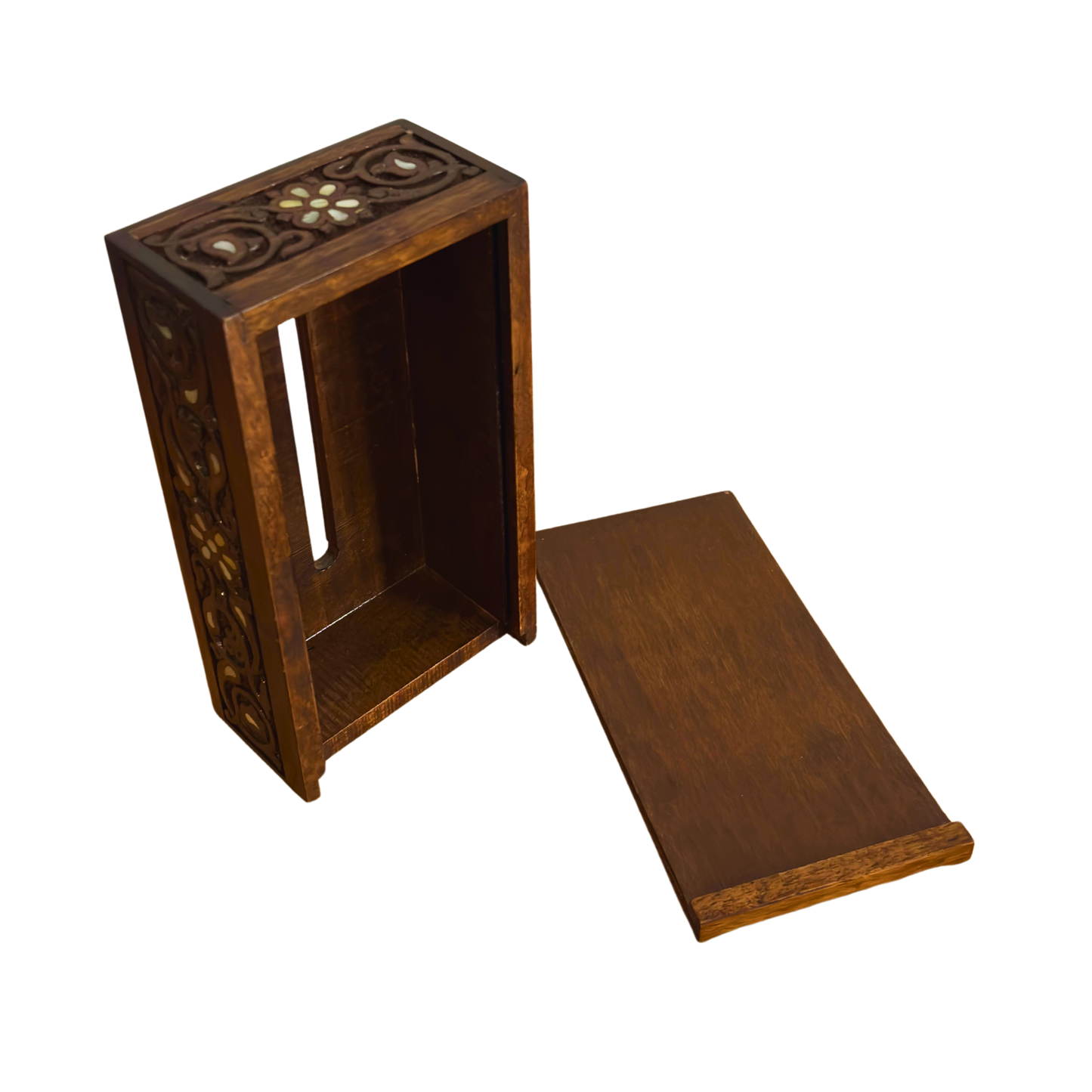 Hand-Carved Beechwood Tissue Box with Mother of Pearl Inlay – Walnut Finish Elegance