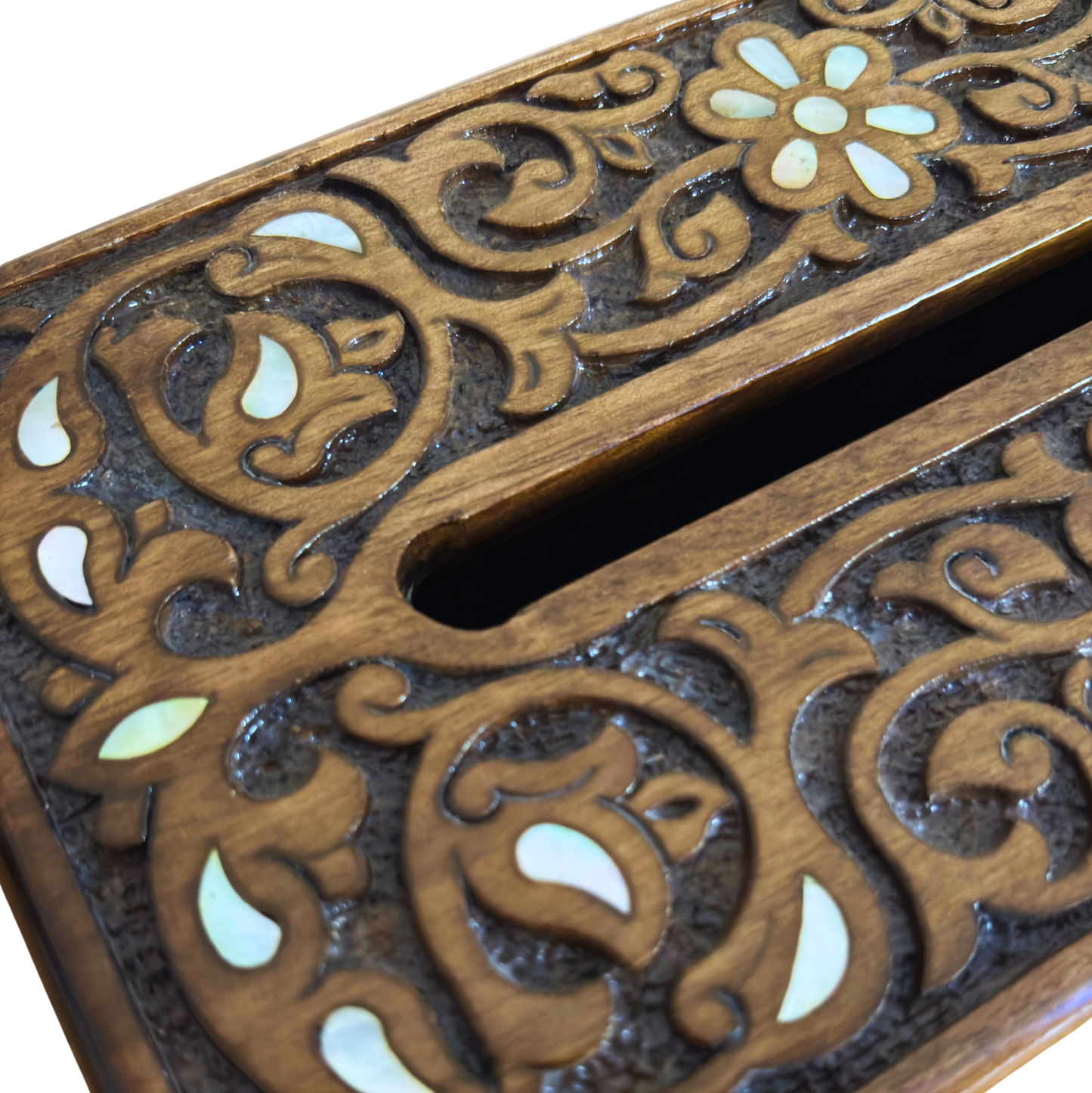 Hand-Carved Beechwood Tissue Box with Mother of Pearl Inlay – Walnut Finish Elegance
