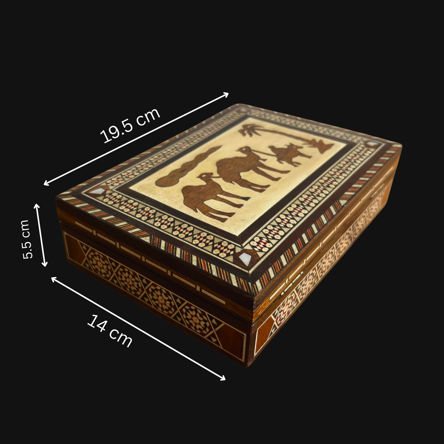 Vintage 1970 Kamel-Mosaik-Schmuckdose – Handgefertigte Damaszener Kunst mit Perlmutt