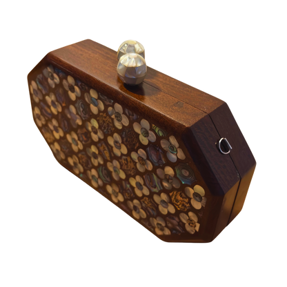 Jouri – Luxury Damascene Clutch with Mother of Pearl Rose Inlay & Pearl Rosary Chain