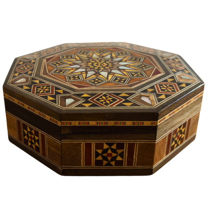 Elegante achteckige damaszener Mosaikbox – handgefertigtes Holz mit Perlmutt-Einlegearbeit