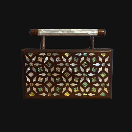 Zenobia – Luxury Damascene Walnut Clutch with Geometric & Botanical Mother of Pearl Inlay