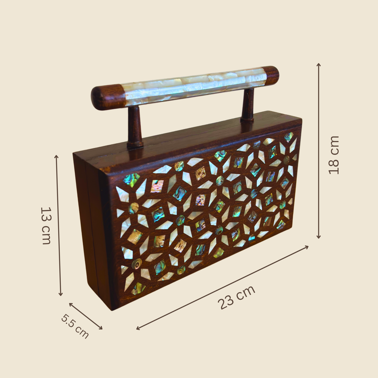 Zenobia – Luxe Damascene Clutch in Notenhout met Parelmoer Inleg & Brokaat Voering