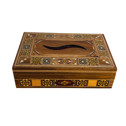 Elegant Damascene Mosaic Wooden Tissue Box – Mother of Pearl Inlay & Velvet Interior