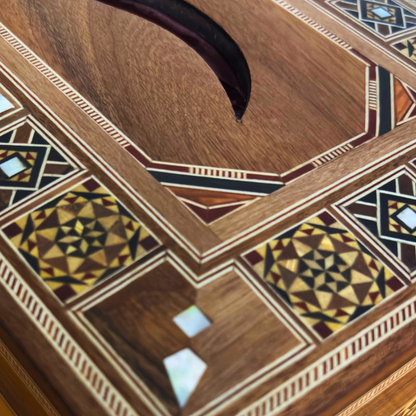 Elegant Damascene Mosaic Wooden Tissue Box – Mother of Pearl Inlay & Velvet Interior