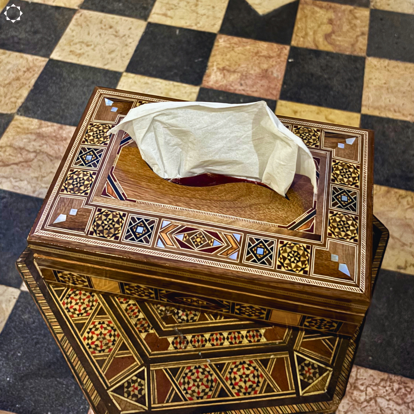Elegant Damascene Mosaic Wooden Tissue Box – Mother of Pearl Inlay & Velvet Interior