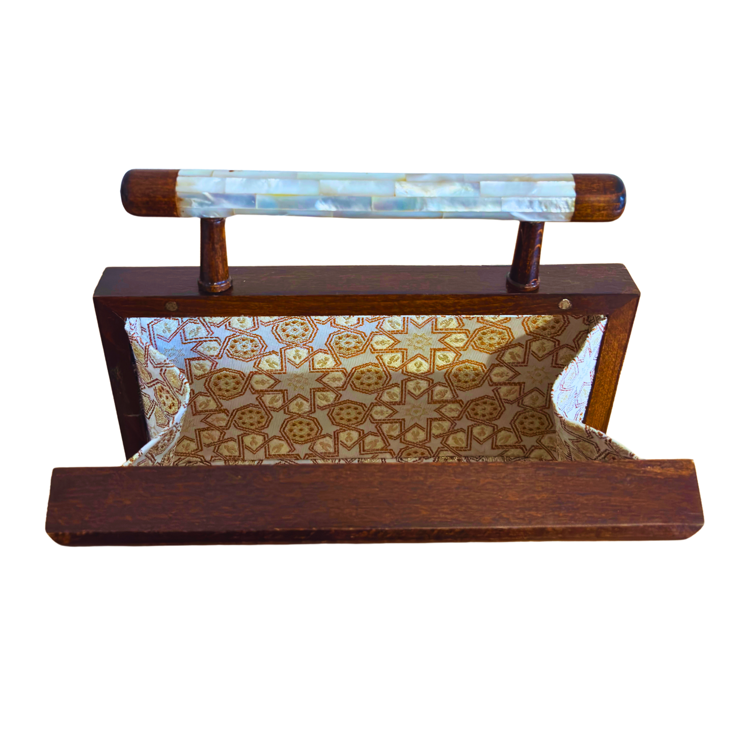 زنوبيا – حقيبة يد دمشقية فاخرة من الجوز مطعّمة بالصدف و مبطنة بالبروكار