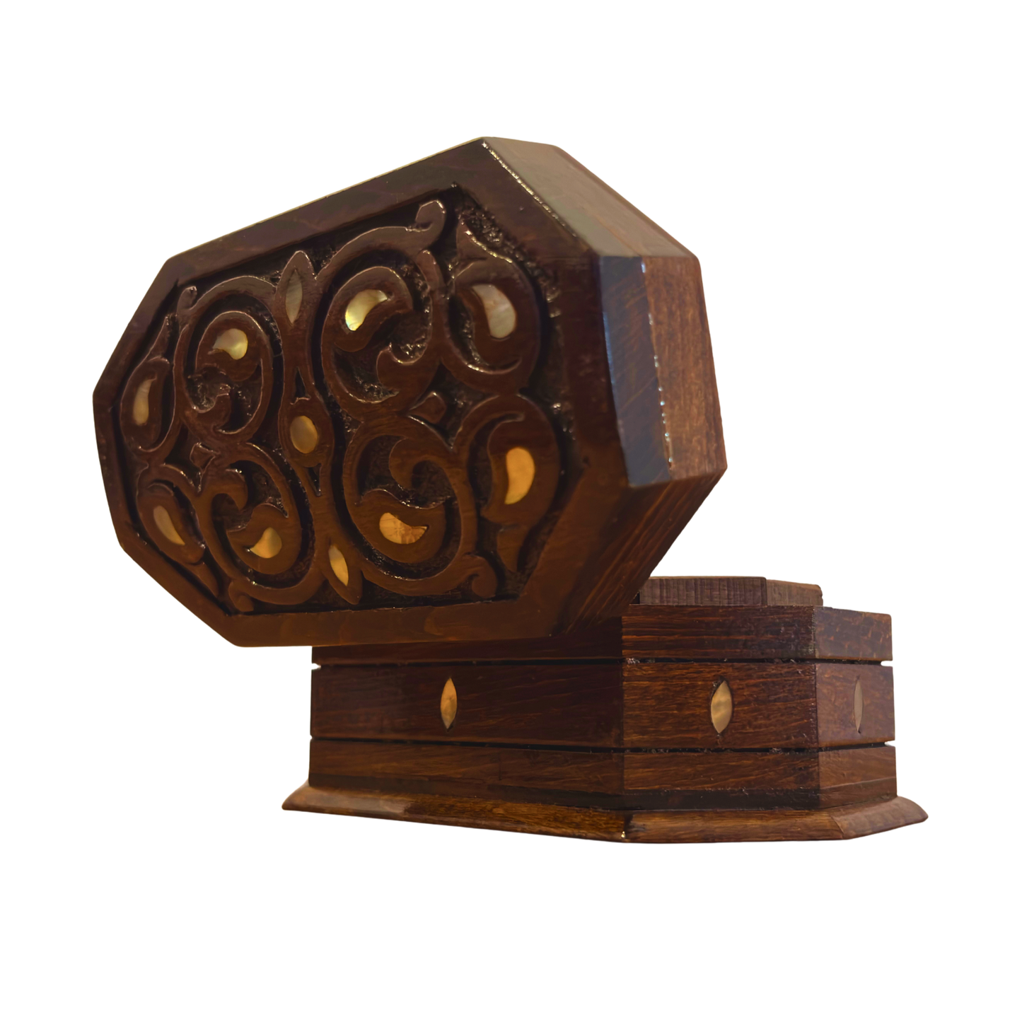 Caja de Haya Tallada a Mano con Nácar – Elegancia en Acabado Nogal