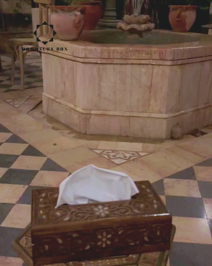 Hand-Carved Beechwood Tissue Box with Mother of Pearl Inlay – Walnut Finish Elegance